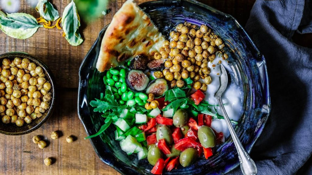 A big bowl of healthy and filling chickpea salad